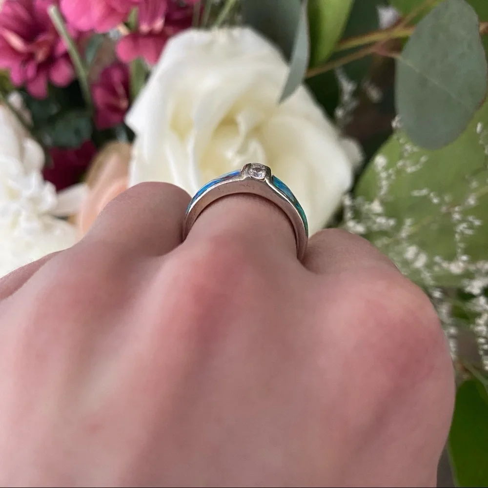 Vintage 925 Sterling Silver Blue Fire Opal Ring - Picture 8 of 12